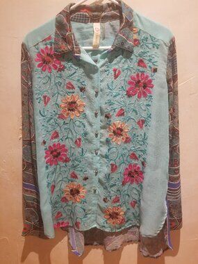 CYRENA ANTHROPOLOGIE BLUE TURQUOISE LONG SLEEVE EMBROIDERED SHIRT SZ S